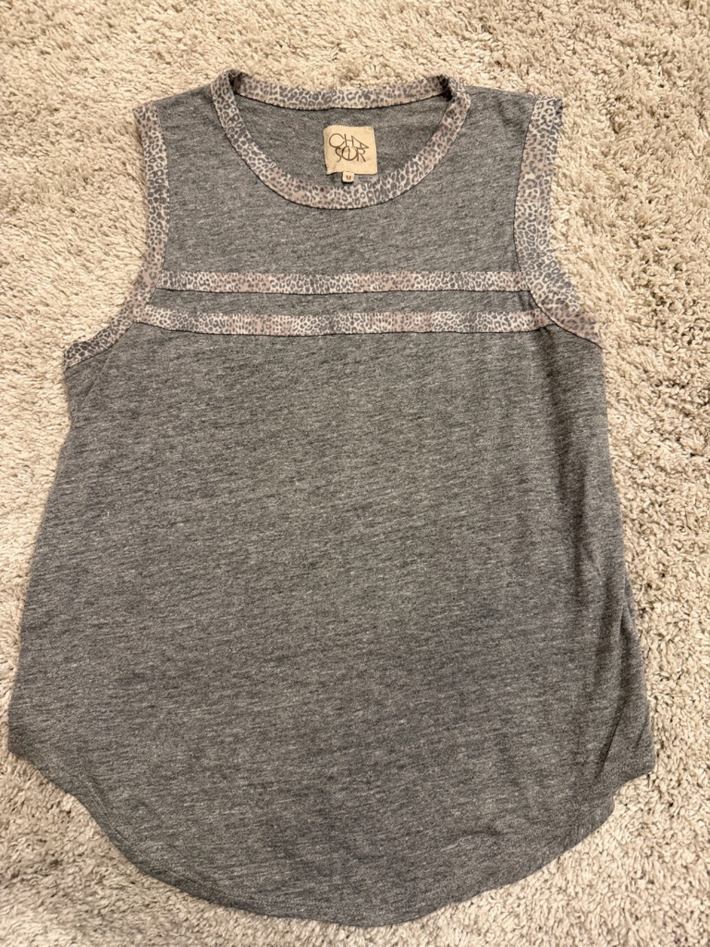Chaser Gray Sleeveless Tank with Leopard-Print Trim